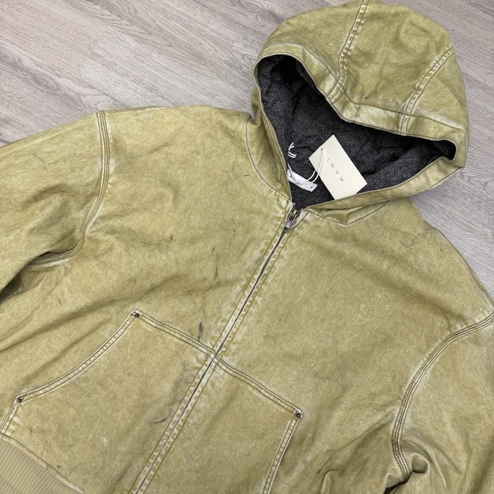 MNML Flocked Hooded Zip Up Work Jacket Mens L Tan Distressed Full Zip NWT